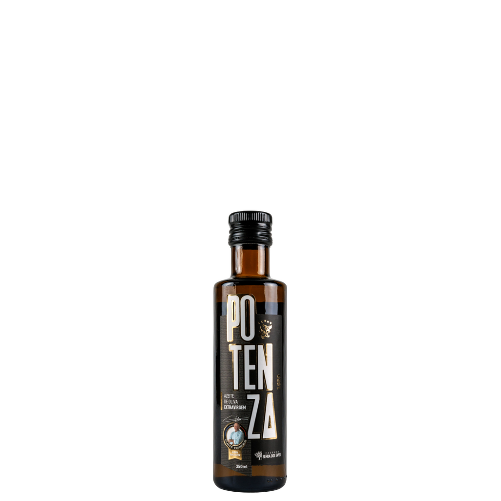 Garrafa de vidro escuro com rótulo moderno em preto e detalhes vermelhos do Azeite Potenza Blend Intenso.