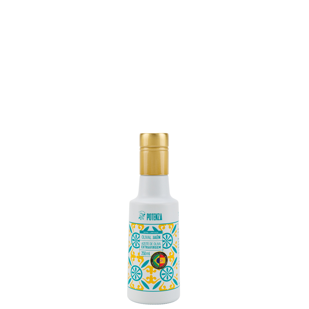 Garrafa branca de 250ml com tampa dourada e rótulo estampado com mosaicos em tons de verde e amarelo do Azeite Potenza Olival Jaén.